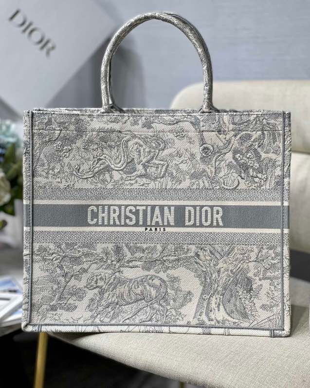 Large Dior Book Tote Bag Gray and Ecru Toile de Jouy Embroidery